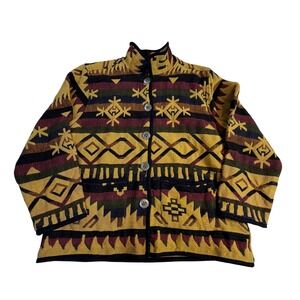 Jane Ashley Cotton Jacket – L Yellow Southwestern Tapestry Mock Neck
